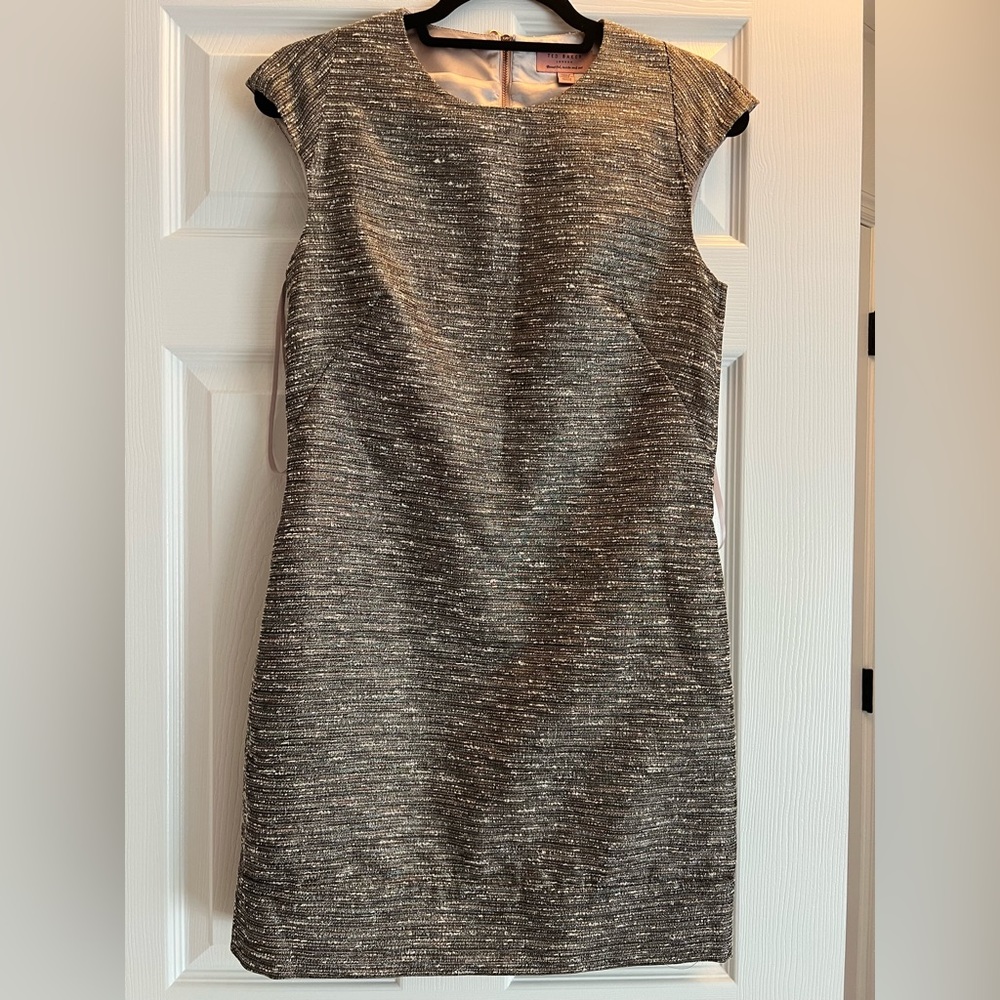 Ted Baker size 1 tweed silver metallic mini dress with cap sleeves.
